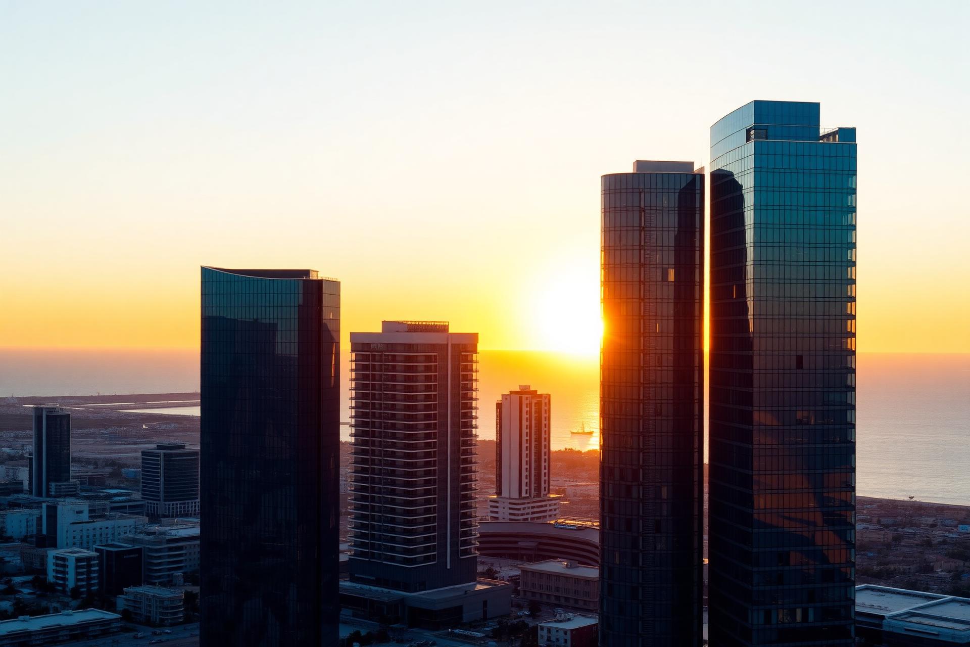 Modern Cyprus financial district skyline at golden hour